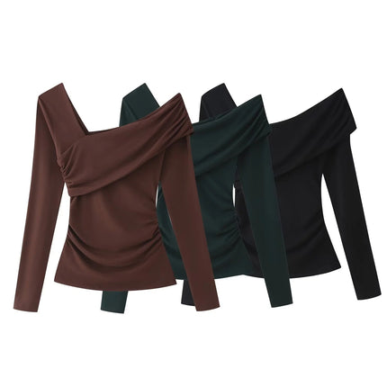 Mocha Drape One-Shoulder Long Sleeve Top