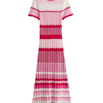 Fashion Striped Knit Long Dress Women Spring Autumn Short Sleeve Casual Striped Slim Thin Sweater Dresses
