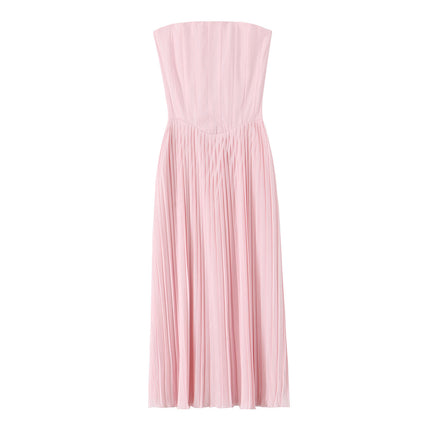 Pleated Waistband Midi Strapless Dress