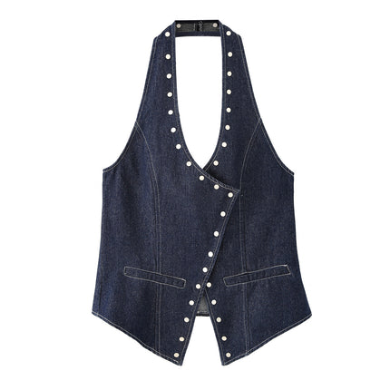 Backless Rivet Denim Halter Top