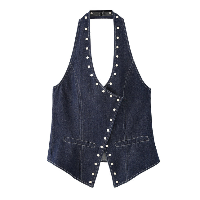 Backless Rivet Denim Halter Top