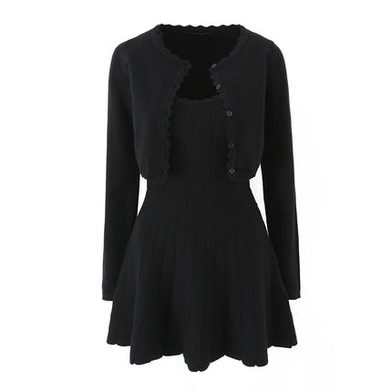 Two piece set of wavy edge knitted sweater with waistband and suspender dress