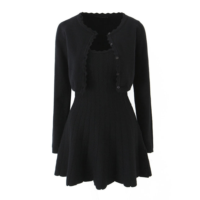 Two piece set of wavy edge knitted sweater with waistband and suspender dress