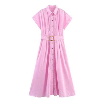Women's Fashion Dress with Belt, Poplin Midi Dress