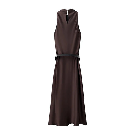 Elegant Satin Midi Dress with Belted Waistband — Dark Brown