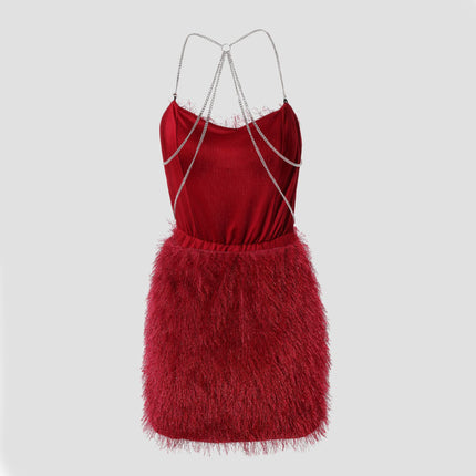 Crimson Velvet Feather Mini Dress