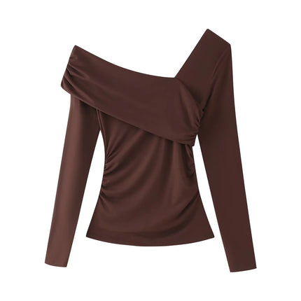 Mocha Drape One-Shoulder Long Sleeve Top