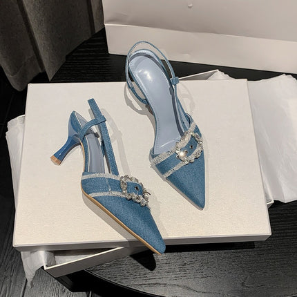 Light Blue Denim Buckle Slingback Heels