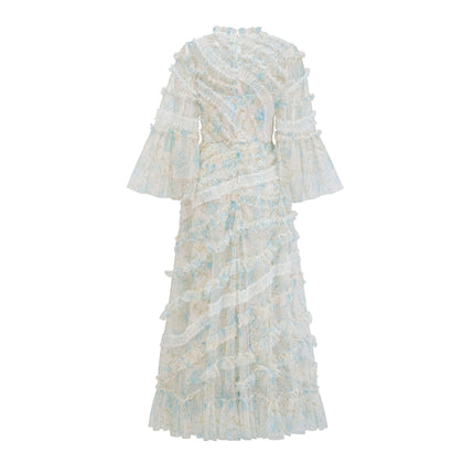 European Fashion Banquet Dress Round Neck Tulle Splicing Layered Flared Slimming Dress