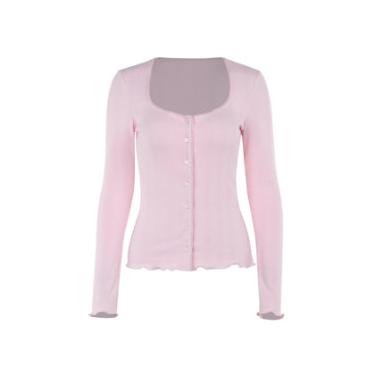 Retro Style Simple Casual Square Neck Ribbed Top (Pink)