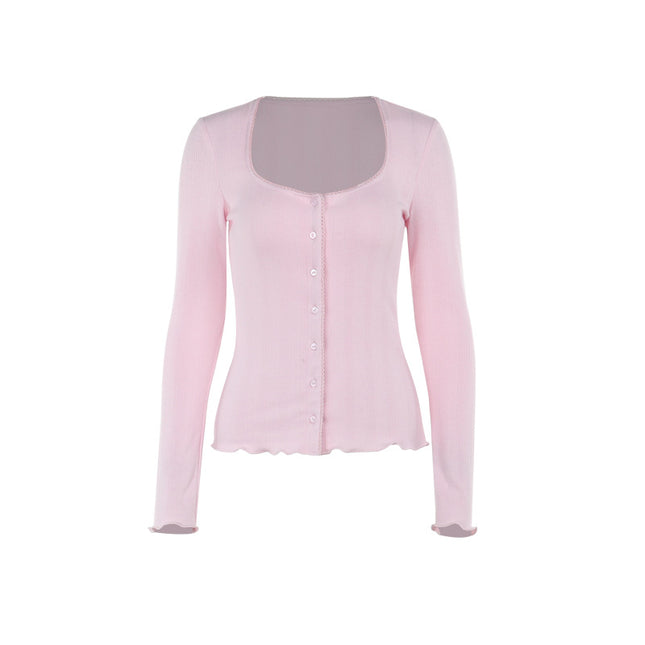 Retro Style Simple Casual Square Neck Ribbed Top (Pink)