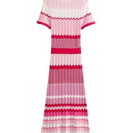 Fashion Striped Knit Long Dress Women Spring Autumn Short Sleeve Casual Striped Slim Thin Sweater Dresses
