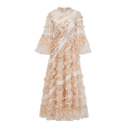 European Fashion Banquet Dress Round Neck Tulle Splicing Layered Flared Slimming Dress