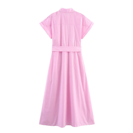Women's Fashion Dress with Belt, Poplin Midi Dress