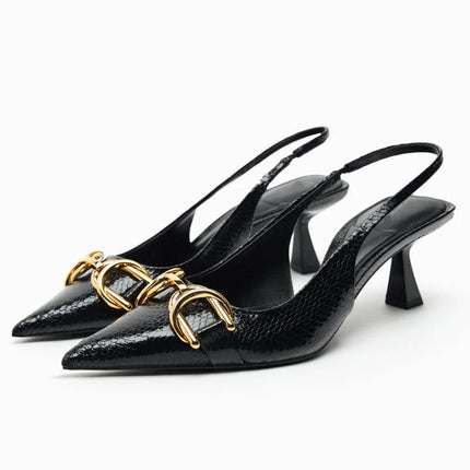 Black Chain Accent Slingback Heels
