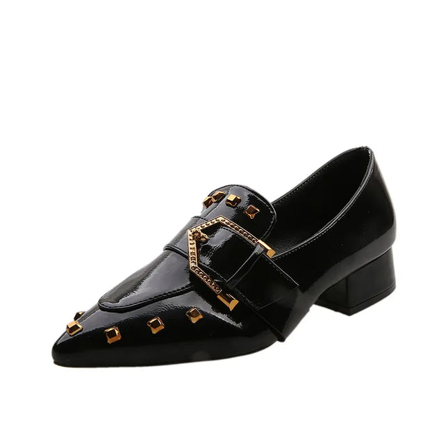 Black Pointed Toe Buckle Loafer Heels