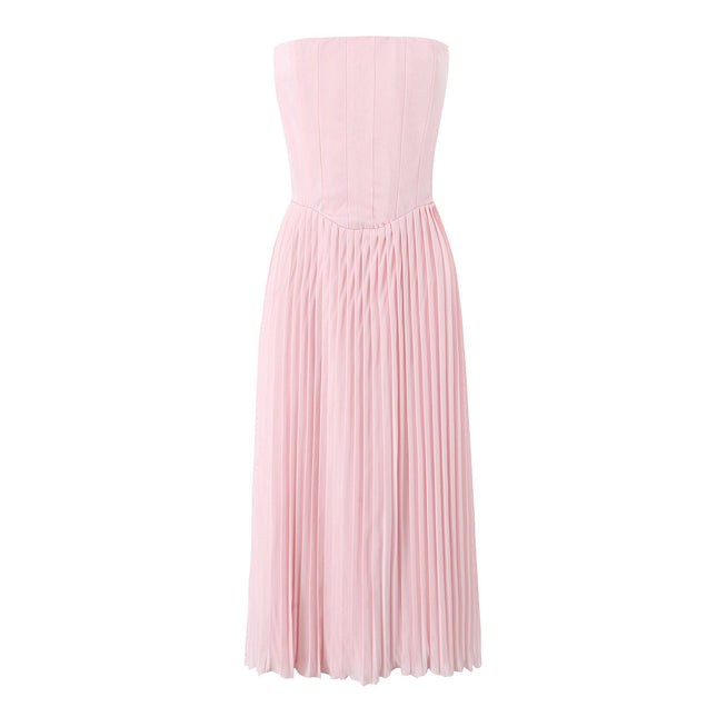 Pleated Waistband Midi Strapless Dress