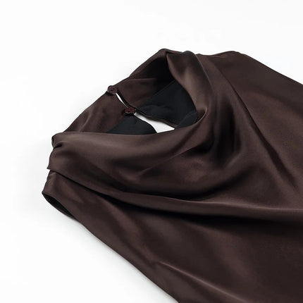 Elegant Satin Midi Dress with Belted Waistband — Dark Brown