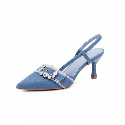 Light Blue Denim Buckle Slingback Heels