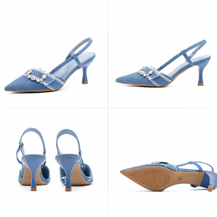 Light Blue Denim Buckle Slingback Heels