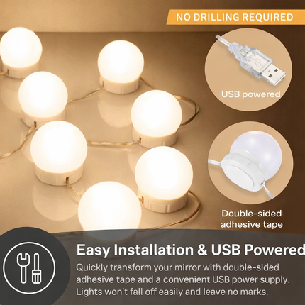 USB Makeup Mirror Light Bulbs – Adjustable Vanity Lighting Kit (10 Bulbs)