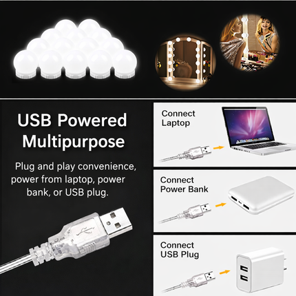 USB Makeup Mirror Light Bulbs – Adjustable Vanity Lighting Kit (10 Bulbs)