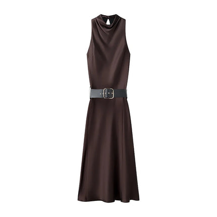 Elegant Satin Midi Dress with Belted Waistband — Dark Brown