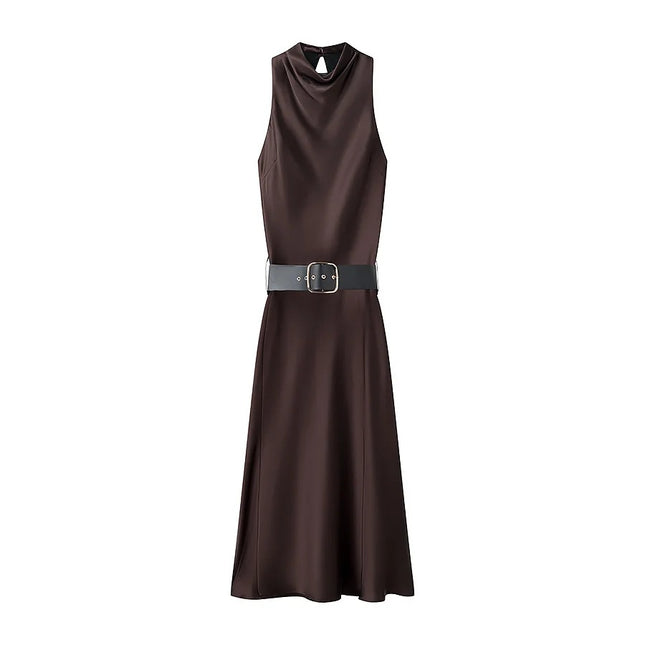 Elegant Satin Midi Dress with Belted Waistband — Dark Brown