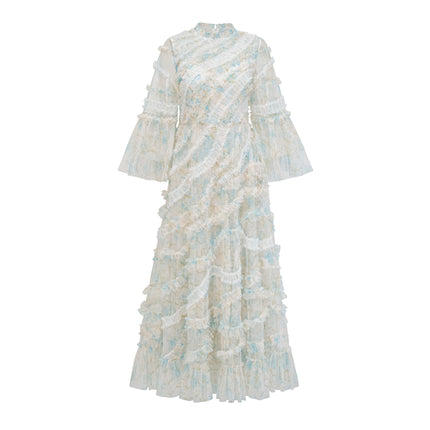 European Fashion Banquet Dress Round Neck Tulle Splicing Layered Flared Slimming Dress