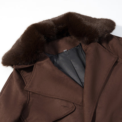 Brown Wool-Collar Suede-Texture Jacket