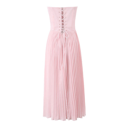 Pleated Waistband Midi Strapless Dress