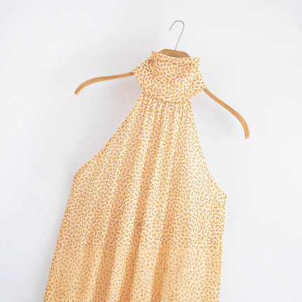 Fashion layered decoration hanging neck collar printed dress for women