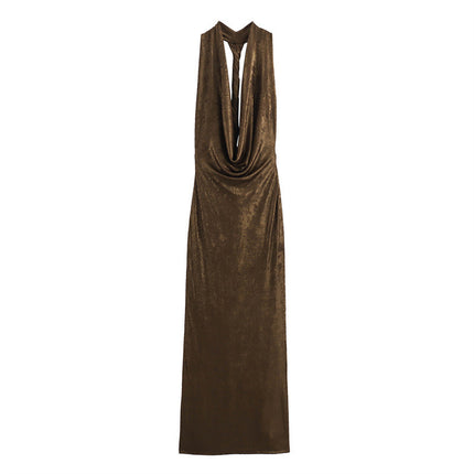 Golden Drape Halter Maxi Dress