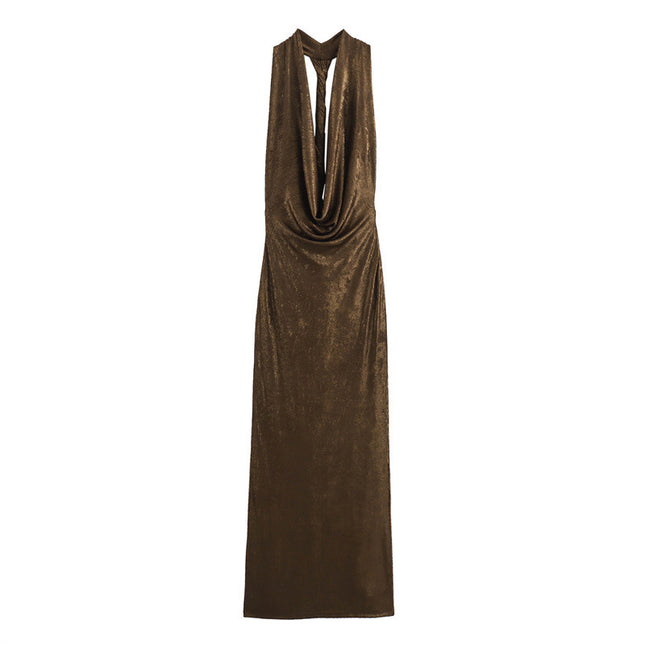 Golden Drape Halter Maxi Dress