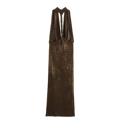 Golden Drape Halter Maxi Dress